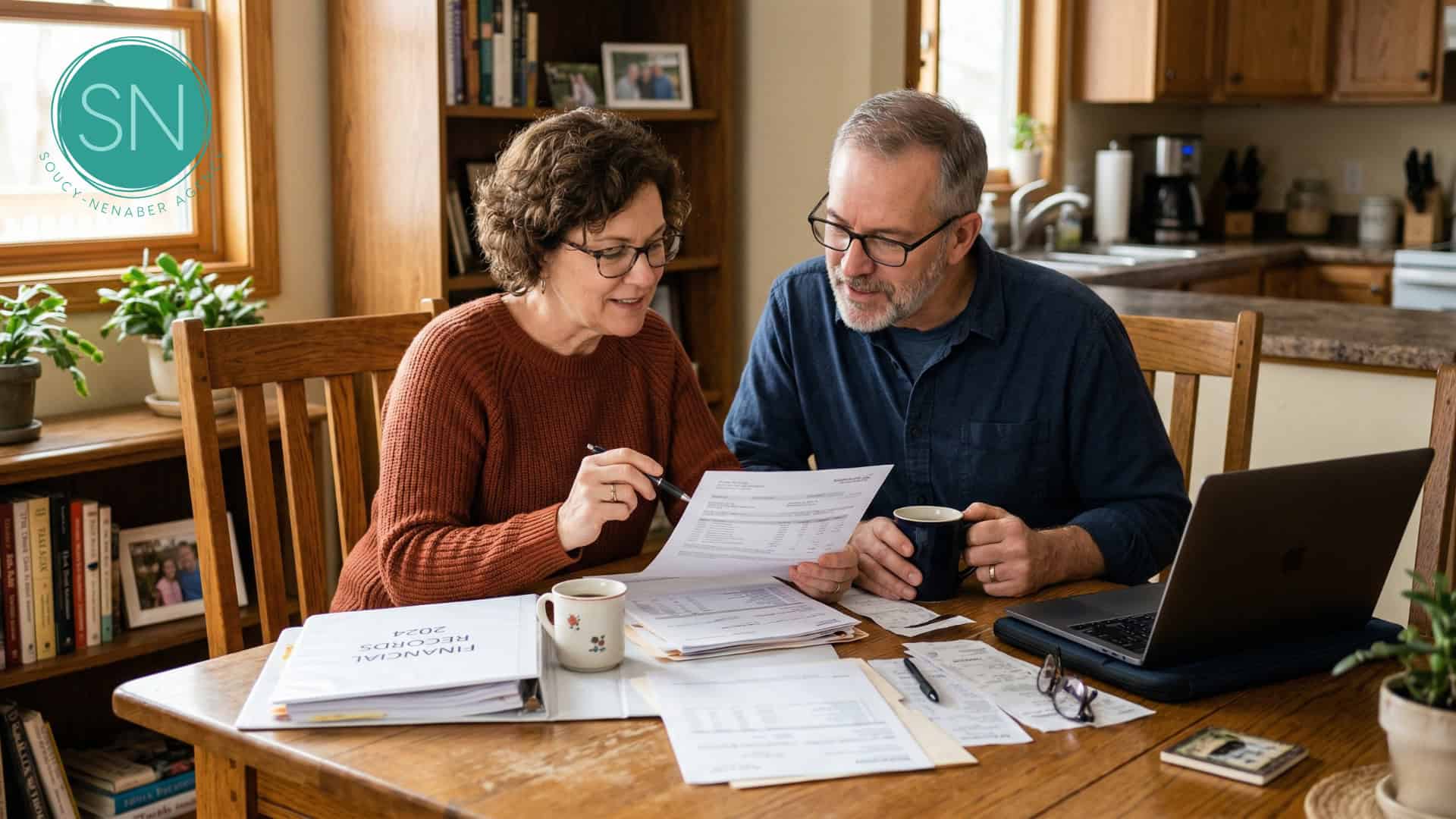 Older couple reviewing life insurance documents at home.