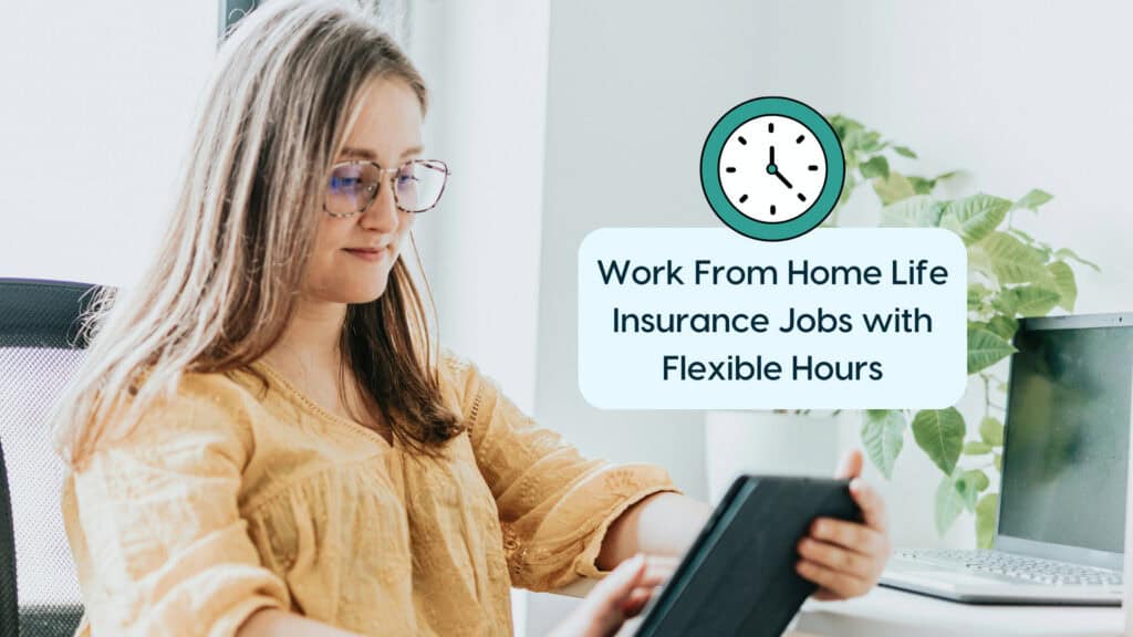 Woman using tablet with work from home insurance message.