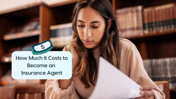 Young woman studying with a book about insurance agent costs.