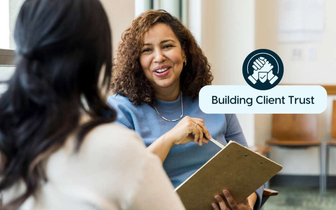 Two women discussing insurance and building client trust.