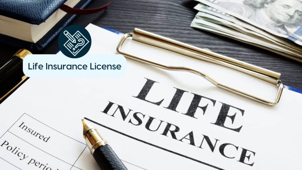 Application for life insurance license with money and documents on desk.