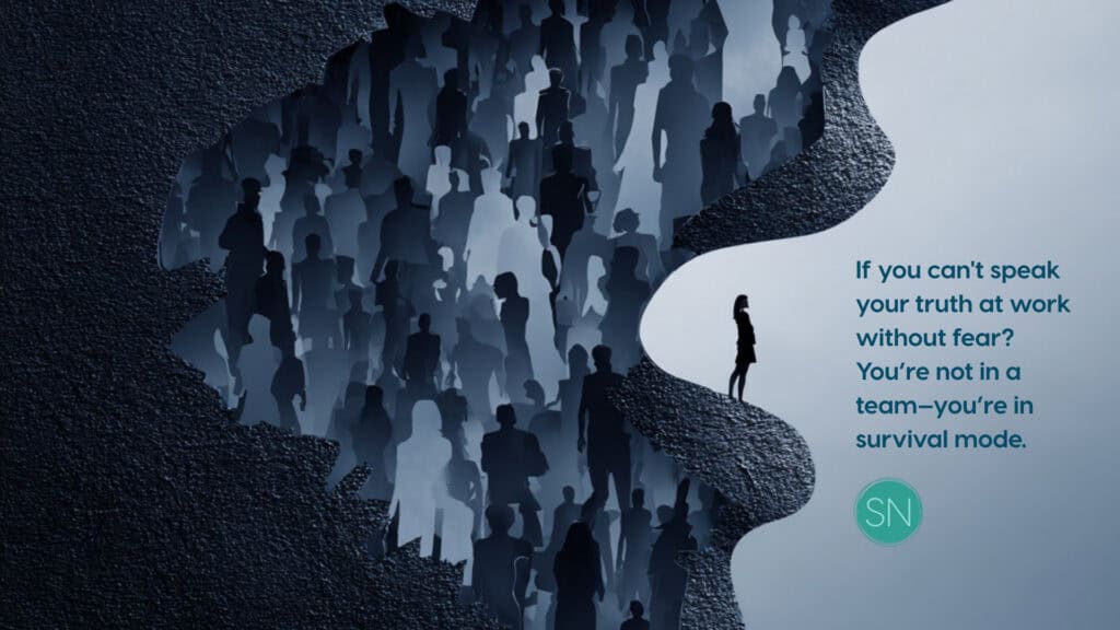 Silhouette of a person speaking to a crowd with a quote about workplace truth and survival.