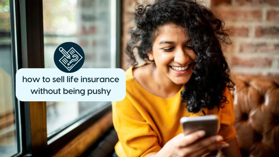Smiling woman using smartphone, promoting non-pushy life insurance sales.