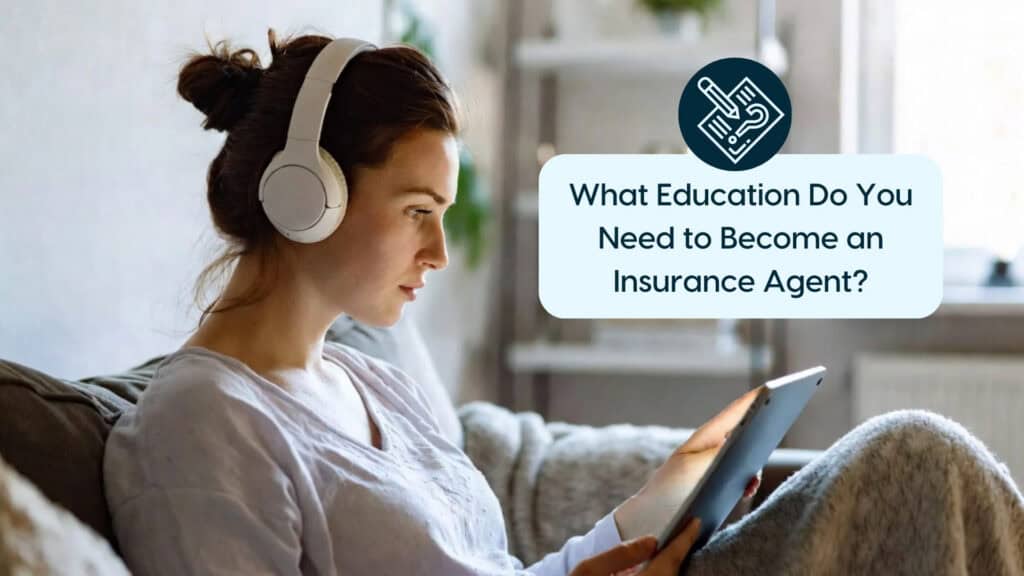 Young woman with headphones studying on tablet for insurance agent career.