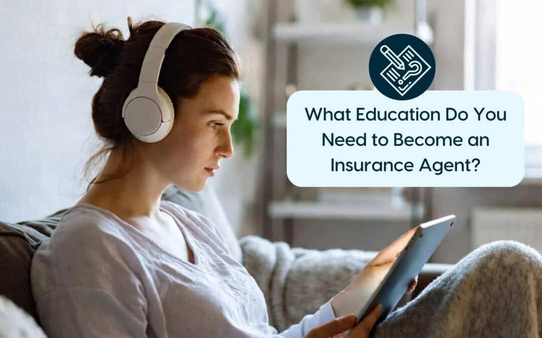 Young woman with headphones studying on tablet for insurance agent career.