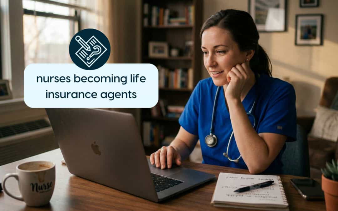 Nurse working on laptop, exploring career as a life insurance agent.