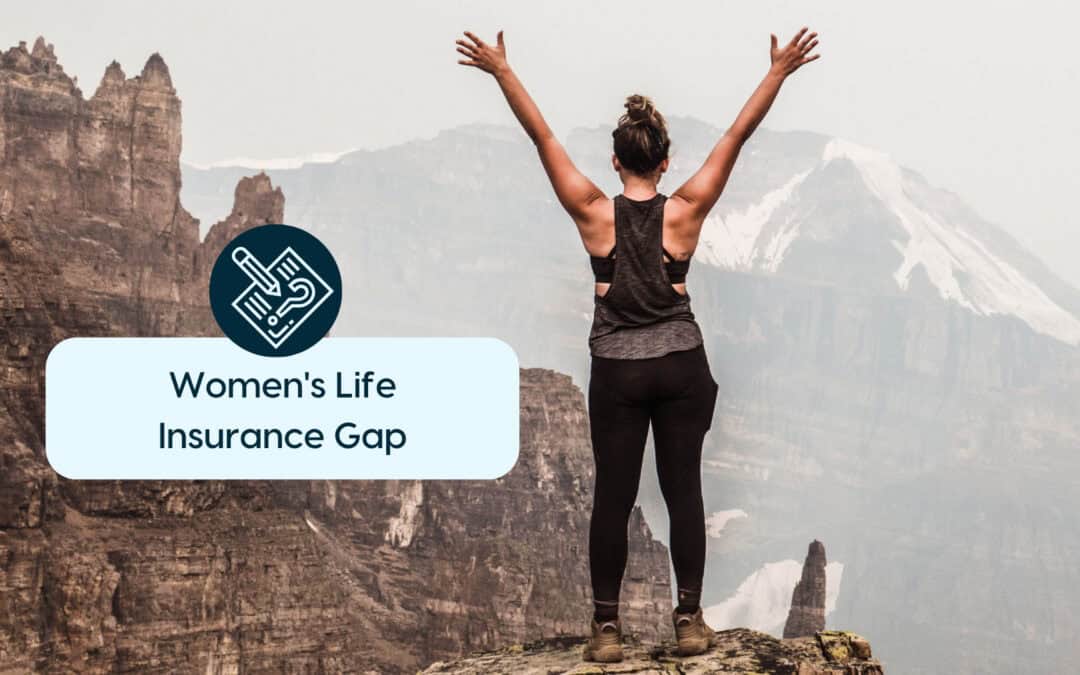 Woman standing on mountain peak with arms raised, symbolizing empowerment and financial security.
